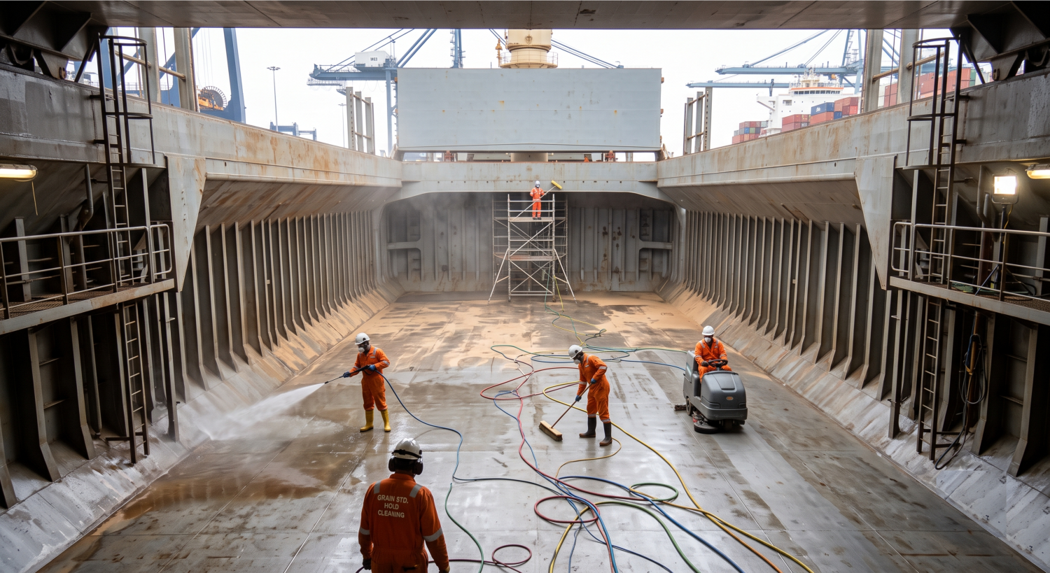 Bulk carrier cargo hold cleaned and inspected to grain standard before loading